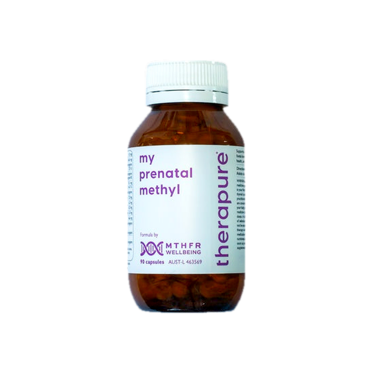 A supplement container of my prenatal methyl 90c by Therapure