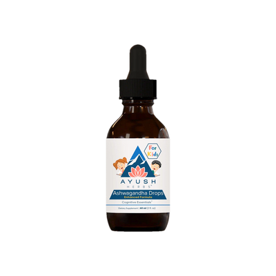 A supplement container of Ashwagandha Drops Kids 60ml by Ayush Herbs