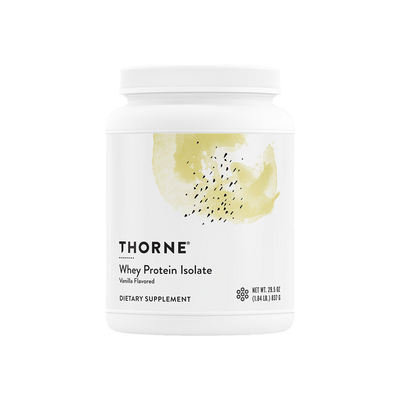 A supplement container of Whey Protein Isolate Vanilla 837g by Thorne Research