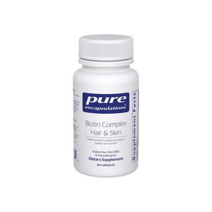 A supplement container of Biotin Complex Hair & Skin 60c by Pure Encapsulations
