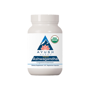 A supplement container of Ashwagandha 60c by Ayush Herbs