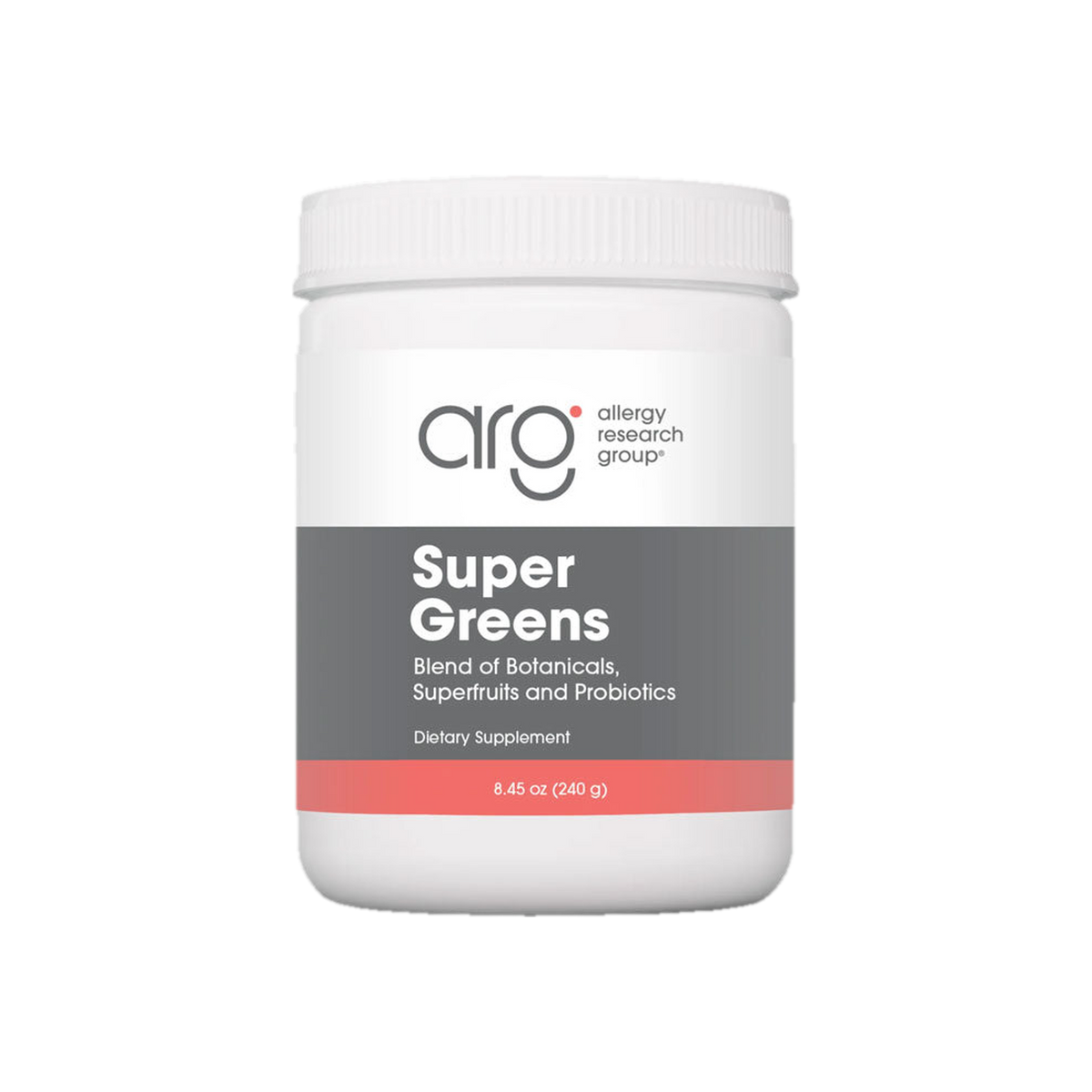 A supplement container of Super Greens Powder  240g by Allergy Research Group