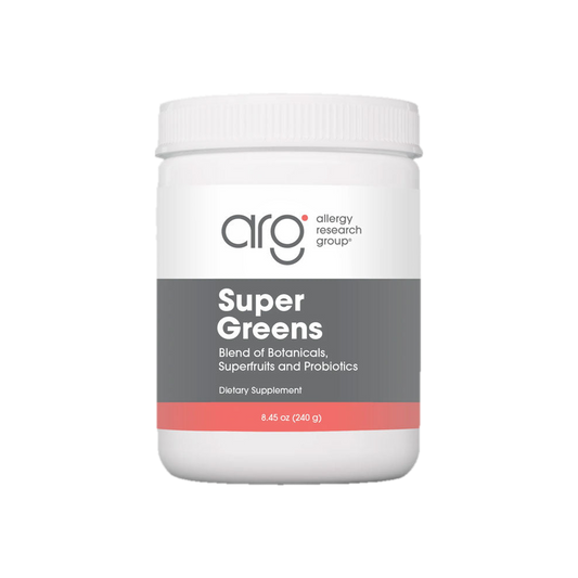 A supplement container of Super Greens Powder  240g by Allergy Research Group