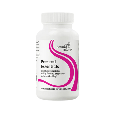 A Supplement bottle with the name Prenatal Essentials (Chewable) by Seeking Health