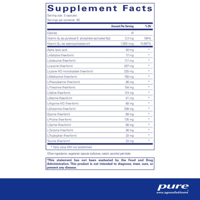 Ingredients: Vitamin B6, B12, Alpha Lipoic acid, L-Histidine, L-Isoleucine, L-Leucine , L-Lysine, L-Methionine, L-Phenylalanine, L-Threonine, L-Valine, L-Alanine, L-Arginine, L-Glutamine, Glycine, L-Proline, L-Serine, L-Tyrosine, L-Trytophan, Taurine.