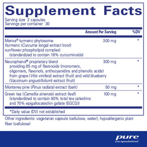 Ingredients including, Meriva turmeric phytosome, Curcuma longa, Sunflower phospholipid, curcuminoids, Neurophenol, Flavonoids, monomers, oligomers, flavonols, anthocyanidins, phenolic acid, vitis vinifera, wild blueberry, Vaccinium angustifolium, Monterey pine, Pinus radiata, Green tea, Camellia sinensis, EgCG