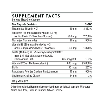 Ingredients including Thiamine, Thamin HCI, Riboflavin, Riboflavin 5-phosphate sodium, Niacin, Niacinamide, Vitamin B6, Pyridoxal 5 Phosphate, Folate, L5mthfr, l-5mthfr, L-5-Methyltetrahydrofolate, Vitamin B12, Methylcobalamin, Biotin, Pantothenic acid, Calcium Pantothenate, Choline, Choline Citrate.
