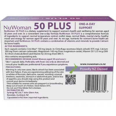 Ingredients: Cimi-Max® 150 mg (equiv. to Cimicifuga racemosa (black cohosh) 975 mg), Calcium 200 mg (from calcium carbonate), Magnesium 140 mg (from magnesium oxide), Vitamin D3 12.5 mcg (500 IU) (from cholecalciferol) and Vitamin K2 30 mcg (from MK-7). Also contains encapsulating aids.