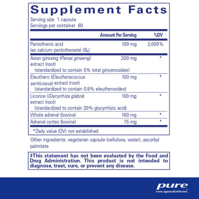 Ingredients: Pantothenic acid, Asian ginseng, Eleuthero, Licorice, Whole adrenal, Adrenal cortex.