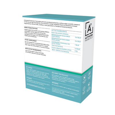 Back of box with text describing the ingredients of baby probiotics