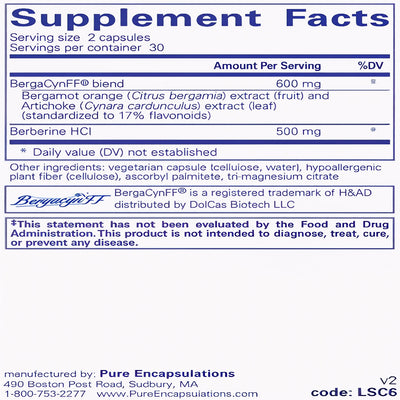 Ingredients: BergaCynFF blend Bergamot ornage (citrus bergamia) extract (fruit) and Artichoke (Cynara cardunculus) extract (leaf) Standardized to 17% flavonoids). Berberine HCI.