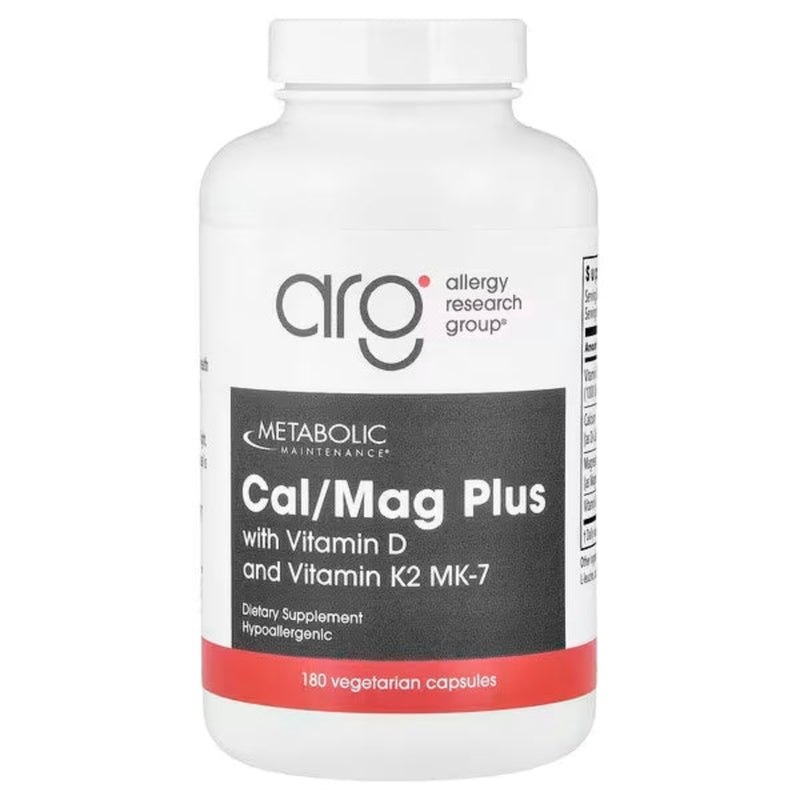 A Supplement container with the name Cal/Mag Plus with Vitamin D and Vitamin K2 MK-7 by Allergy Research Group.