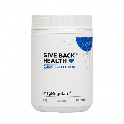 Image of a white supplement bottle that says give back health clinic collection MagRegulate  510g Oral powder
