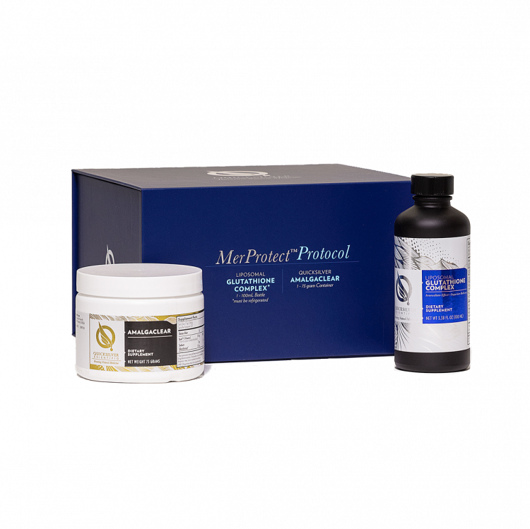 A supplement container of MerProtect™ (Protocol) Amalgam Dental Detox by Quicksilver