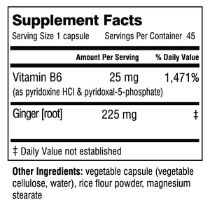 Supplement facts for Land, Sea and Air listing ingredients including Ginger, Vitamin B6 (pyridoxal 5-phosphate), Vitamin B6 (pyridoxal HCl), Vitamin B6 (pyridoxine), Zingiber officinale