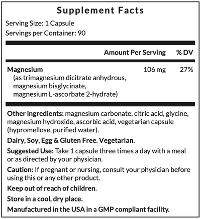 Supplement facts for Magnesium3™ listing ingredients including Ascorbic Acid, Citric Acid, Glycine, Magnesium, Magnesium bisglycinate