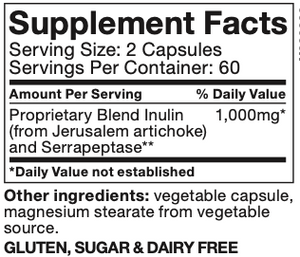 Supplement facts for Serrapeptase listing ingredients including Inulin, Jerusalem Artichoke Extract, Serrapeptase