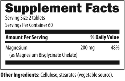 Text listing the ingredients including Magnesium Bisglycinate, Cellulose, stearates (vegtable source)