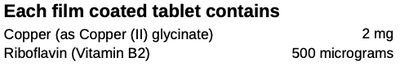 Supplement facts for Copper Plus listing ingredients including Copper, Vitamin B2 (riboflavin)
