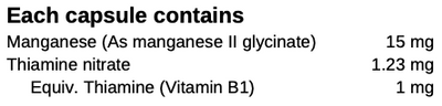 Supplement facts for Manganese Plus listing ingredients including Manganese, Vitamin B1 (thiamine nitrate), Vitamin B1 (thiamine)