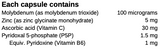 Supplement facts for Moly Zinc listing ingredients including Ascorbic Acid, Molybdenum, Molybdenum (as molybdenum trioxide), Vitamin B6 (pyridoxal 5-phosphate), Vitamin B6 (pyridoxine)