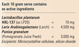 Supplement facts for ImmunoGenex - Functional Food listing ingredients including Arabinogalactan, Lactobacillus, Lactobacillus plantarum, Larch, Pomegranate Extract (Punica Granatum)