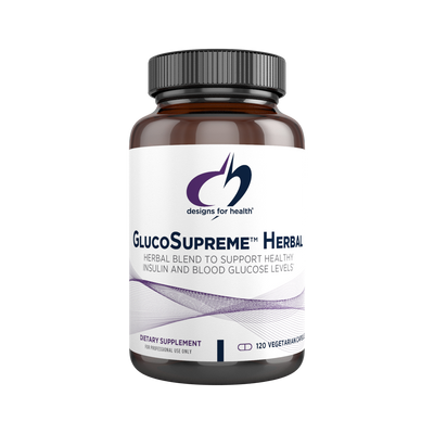 An supplement called GlucoSupreme Herbal by Designs for Health Herbal blend to support healthy insulin and blood glucose levels 120 vegetarian capsules 