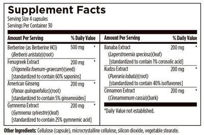 Text listing the ingredients including Berberine, Berberis aristata, Fenugreek Extract, Trigonella foenum-graecum, American Ginseng, Panax Quinquefolius, Ginsenosides, Gymnema Extract Sylvestre, Banaba, Lagerstroemia speciosa, corosolic acid, Kudze Extract, Pueraria lobata, Cinnamon Extract, Cinnamomum cassia, cellulose (capsule), microcrystalline cellulose, silicon dioxide, vegetable sterate 