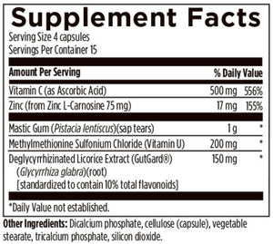 Supplement facts for GastroMend-HP (USA) 60 Caps listing ingredients including Ascorbic Acid, Carnosine, Carnosine (L-Carnosine), Deglycyrrhized licorice, Glycyrrhiza glabra