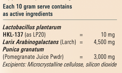 Supplement facts for ImmunoGenex Compatibility Evaluation Pack listing ingredients including Arabinogalactan, Lactobacillus, Lactobacillus plantarum, Larch, Pomegranate Extract (Punica Granatum)