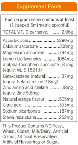 Supplement facts for Daily C listing ingredients including Ascorbic Acid, Beta carotene, Calcium ascorbate, Citric Acid, D-alpha tocopherol succinate