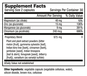 Supplement facts for Good Sugar - 60's listing ingredients including Bilberry, Bitter Melon, Chromium Picolinate, Cinnamon, Fenugreek