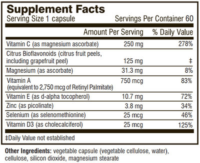 Supplement facts for Immune Essentials listing ingredients including Boron, Cholecalciferol, Chromium Picolinate, Citrus Bioflavonoids extract, D-alpha tocopherol
