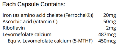 Supplement facts for Iron Plus listing ingredients including Ascorbic Acid, Calcium, Folate, Iron, L-5-MTHFR