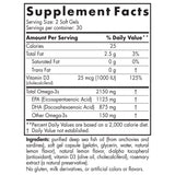 Text listing the ingredients including Vitamin D3. Cholecalciferol, EPA, DHA, Eicosapentaenoic, Docosahexaenoic, omega 3