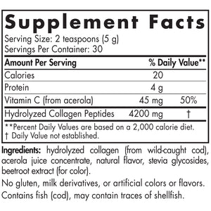 Supplement facts for Marine Collagen listing ingredients including Acerola, Beet, Collagen, Collagen Hydrolysed, Stevia