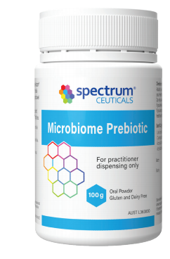 A supplement container of Microbiome Prebiotic by SpectrumCeuticals