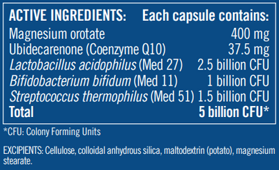 An image of ingredients including Magnesium orotate, Ubidecarenone, Coenzyme Q10, Lactobacillus acidophilus, med 27, med 11, Bifidobacterium bifidum, Streptococcus thermophilus