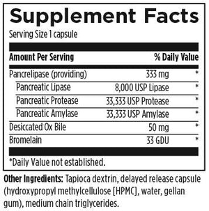 text listing the ingredients including Pancrelipase, Lipase, Protease, Amylase, Ox Bile, Bromelain, tapioca dextrin, delayed release capsule (hydroxypropyl methylcellulose (HPMC), wtaer , gellan gum), medium chain triglycerides
