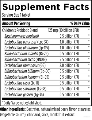Supplement facts for ProbioMed Kids listing ingredients including Bifidobacterium bifidum, Bifidobacterium infantis, Bifidobacterium lactis, Bifidobacterium longum, Lactobacillus Gasseri