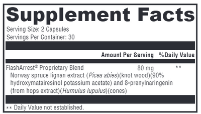 Supplement facts for FlashArrest listing ingredients including Hops, Humulus lupulus, Potassium, Potassium acetate, Spruce lignans