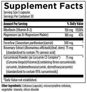 Supplement facts for Migranol listing ingredients including Althaea officinalis, Carnosic Acid, Curcuma Longa, Curcumin, Curcumin