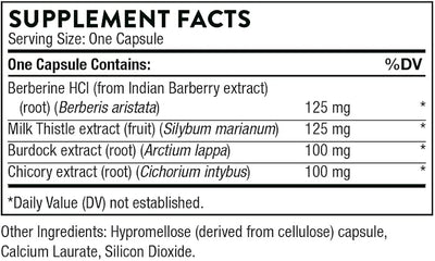 Ingredients including Berberine HCI, Indian Barberry extract, Milk Thistle extract, Silybum marianum, Burdock extract root, Arctium lappa, Chicory extract root, Cichorium intybus.