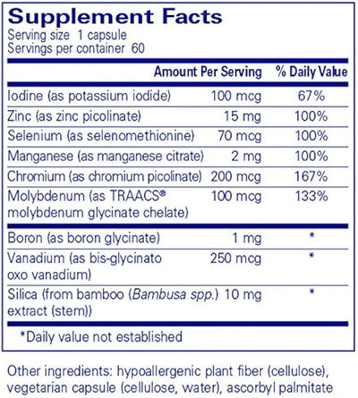 Text describing the ingredients: Iodine, Zinc, Selenium, Manganese, Chromium, Molybdenum, Boron, Vanadium, Silica.