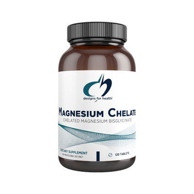 An bottle with the name Magnesium Chelate by Designs for Health 120 Tablets 