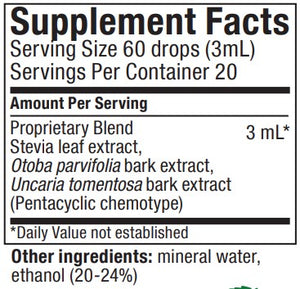 Supplement facts for Nutra-Brl listing ingredients including Cat's claw (Uncaria tomentosa), Ethanol, Otoba Parvifolia Bark Extract, Stevia leaf (Stevia rebaudiana)