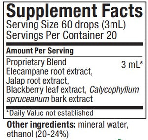 Supplement facts for Nutra-BBS listing ingredients including Blackberry, Calycophyllum Spruceanum Bark Extract, Elecampane, Ethanol