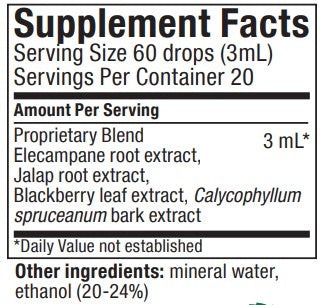 Supplement facts for Nutra-BBS listing ingredients including Blackberry, Calycophyllum Spruceanum Bark Extract, Elecampane, Ethanol