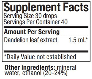 Supplement facts for Dandelion listing ingredients including Dandelion extract, Taraxacum officinale