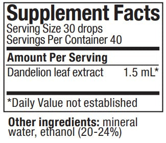 Supplement facts for Dandelion listing ingredients including Dandelion extract, Taraxacum officinale
